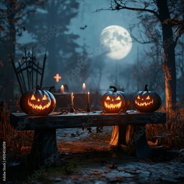 Obraz Halloween pumpkin head jack lantern with burning candles spooky forest with a full moon and wooden table pumpkins in graveyard in the spooky night - halloween backdrop. ai generative.