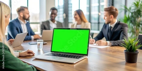 Fototapeta Laptop display with green screen background on an office desk while people attend a business meeting. Isolated mockup template with blank chroma key and free space on computer monitor. Closeup.	