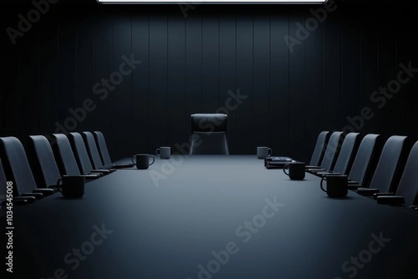 Fototapeta Modern, empty conference room with a large table and chairs, dark walls, and minimal lighting.