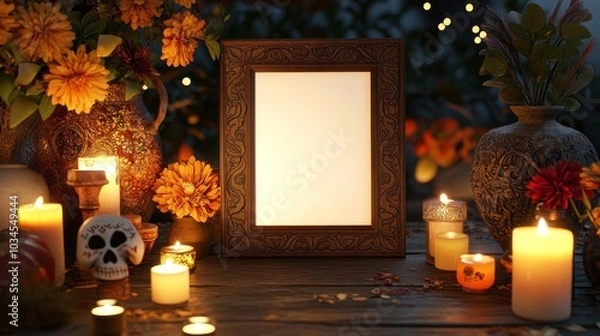 Obraz A beautifully crafted wooden frame stands empty surrounded by glowing candles vibrant flowers and traditional decorations for Dia de los Muertos creating a warm and inviting atmosphere