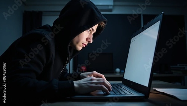 Fototapeta A criminal hacker at work on his laptop ready to commit a cybercrime