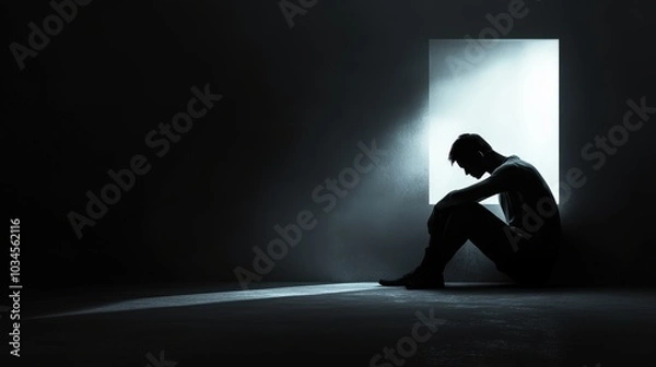 Fototapeta Lonely Person Sitting in Dark Room with Light from Window, Depression, Mental Health