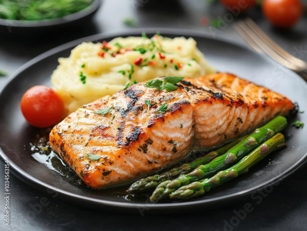 Fototapeta Grilled Salmon With Asparagus and Creamy Mashed Potatoes