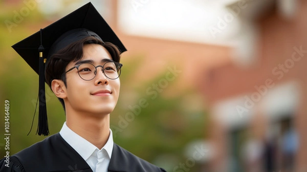 Fototapeta proud graduate wearing cap and gown, looking confidently into distance, symbolizing achievement and new beginnings.