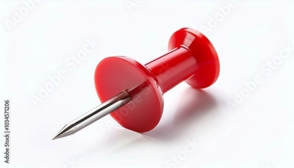 Fototapeta A close-up of a single bright red push pin with a metallic needle, isolated on a white background