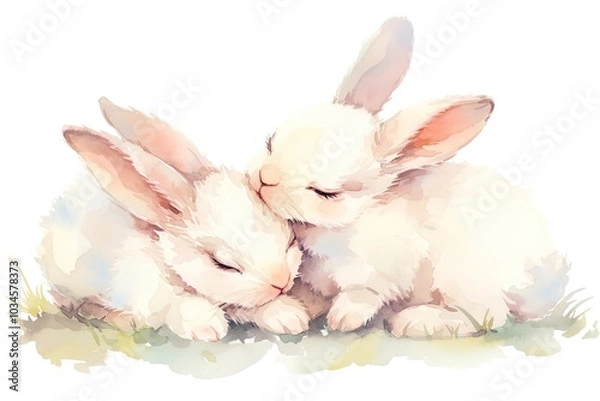 Obraz Two adorable rabbits cuddle closely amidst soft greenery, showcasing warmth and companionship in a gentle, serene setting