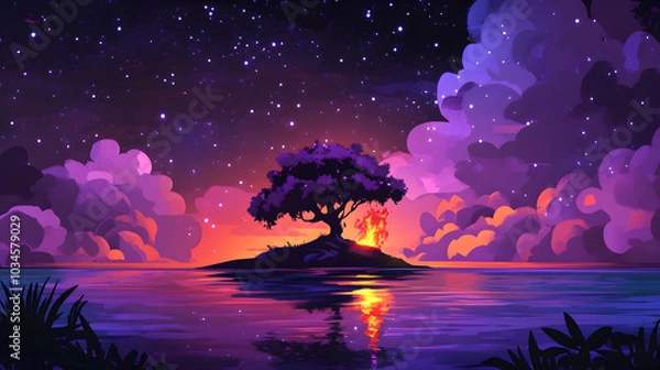 Obraz Illustration of a small island in an ocean surrounded by stars and purple clouds, featuring a burning tree   
