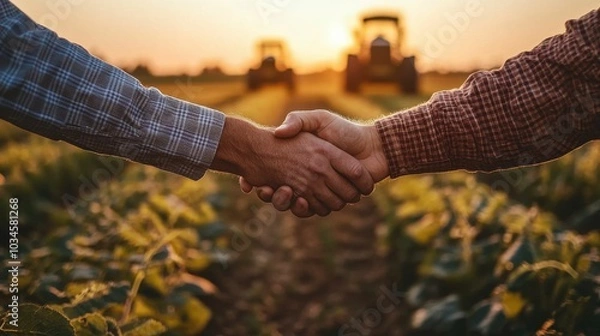 Fototapeta Two hands shake in a field during sunset with tractors in the background, symbolizing collaboration and support in American agriculture.