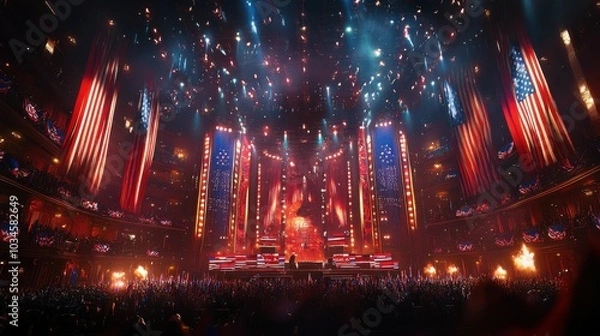 Obraz A vibrant and festive atmosphere during an election night celebration with a large crowd in a grand venue decorated with American flags and lights.