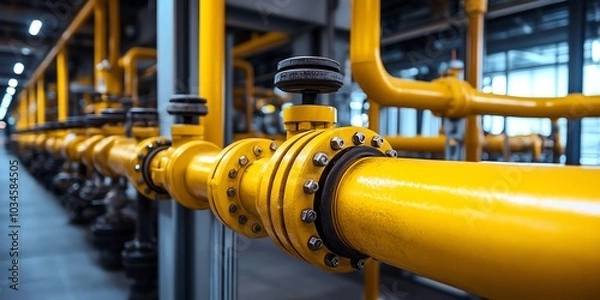 Obraz Close-up of yellow industrial pipes with valves and flanges.
