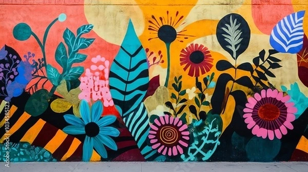 Fototapeta A colorful mural depicting a garden scene with stylized flowers and plants against an orange, yellow, and black backdrop.