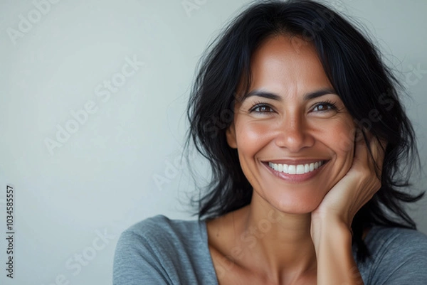 Fototapeta Beautiful middle age natural woman with perfect skin on neutral background with space for text, skincare concept
