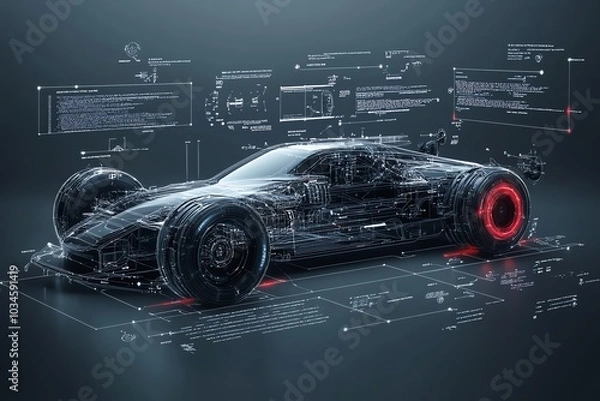 Fototapeta A wireframe rendering of a futuristic sports car with technical diagrams and data around it.