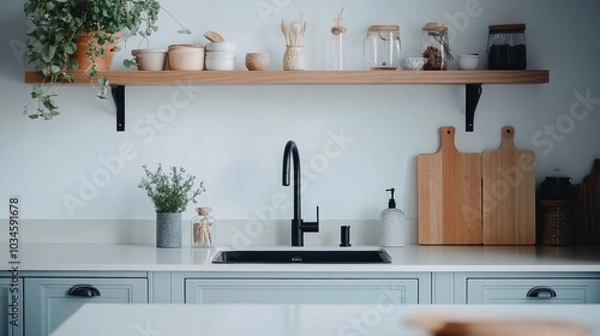 Fototapeta Modern Minimalist Kitchen Design with Black Faucet and Open Shelving