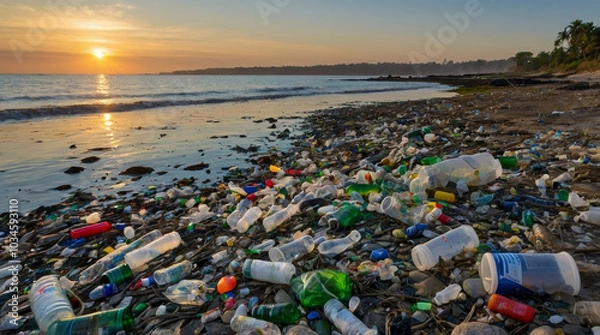 Fototapeta A landscape photograph depicting a polluted shoreline covered with a large amount of plastic waste and debris
