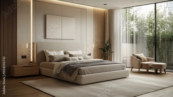 Obraz Modern Minimalist Bedroom Interior Design with Large Windows