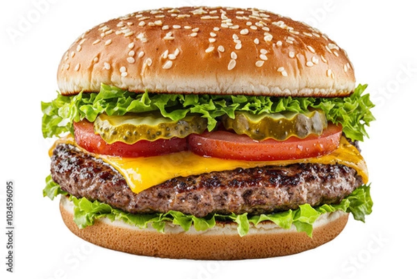 Fototapeta Burger or hamburger on isolated background, PNG template for installation in the project. Fast food advertising