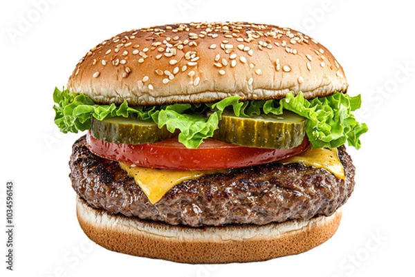 Fototapeta Burger or hamburger on isolated background, PNG template for installation in the project. Fast food advertising