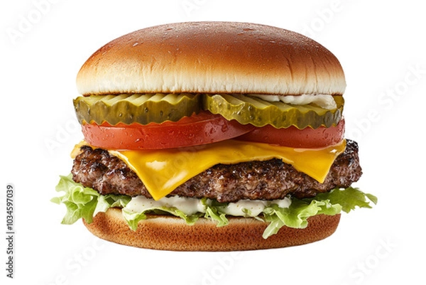 Fototapeta Burger or hamburger on isolated background, PNG template for installation in the project. Fast food advertising