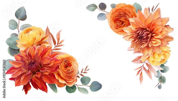 Obraz Autumn floral corner borders featuring dahlia, rose, and eucalyptus leaves in warm fall colors, perfect for rustic wedding decor, invitations, and seasonal designs.