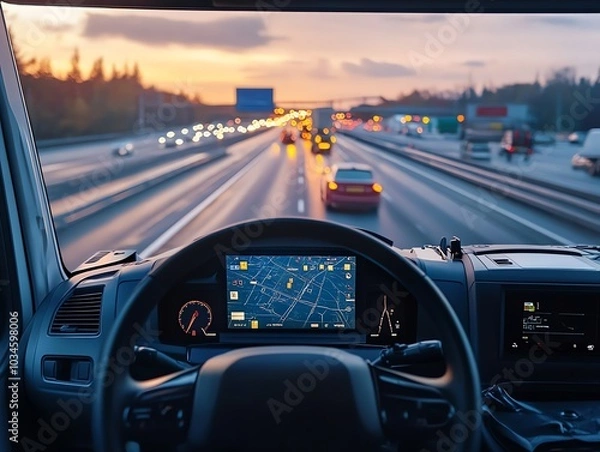 Fototapeta A driver's view of a highway with a GPS navigation system on the dashboard.