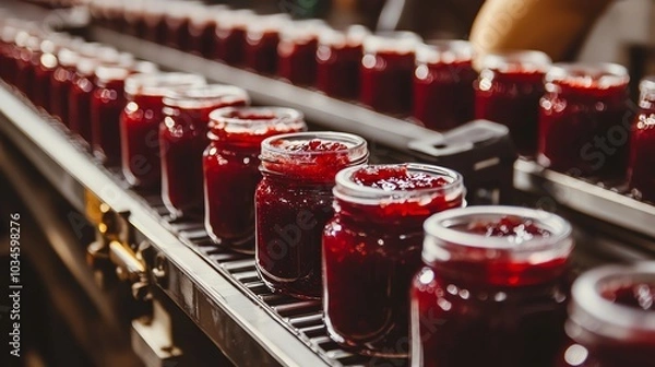 Fototapeta Jars of red jam move along a conveyor belt in a factory setting.