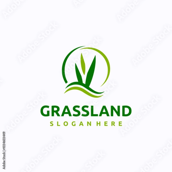 Fototapeta Grassland logo design template. Lawn care concept. Creative vector symbol.
