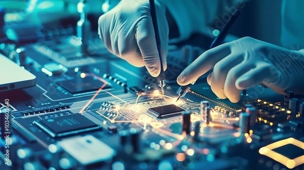 Fototapeta Testing the functionality of a microchip an engineer employs cutting-edge measuring devices and probes on a testing bench in a high-tech laboratory environment focused on precision and analysis
