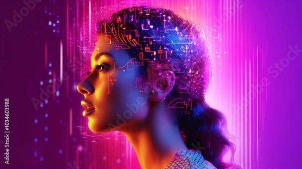 Fototapeta Futuristic Woman's Silhouette with Cyber Brain, Neon Pink and Purple, AI and Neural Network Concept