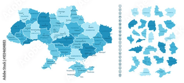 Obraz Ukraine - detailed map of the country in blue colors, divided into regions. Infographic icons. Vector illustration.