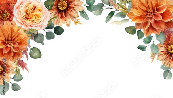 Obraz Autumn floral corner border with dahlia, rose, eucalyptus leaves in burnt orange and yellow for rustic wedding invitations, fall-themed designs, and seasonal decorations.