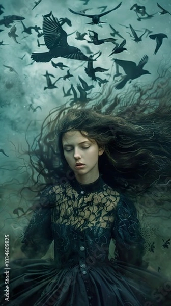 Fototapeta Dreamy Portrait of a Woman with Crows