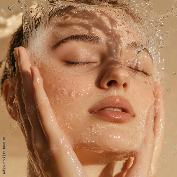 Fototapeta  beautiful mid age woman washes her face with water, she has a serene expression, against a beige background, in an advertisement for a skin rejuvenation.