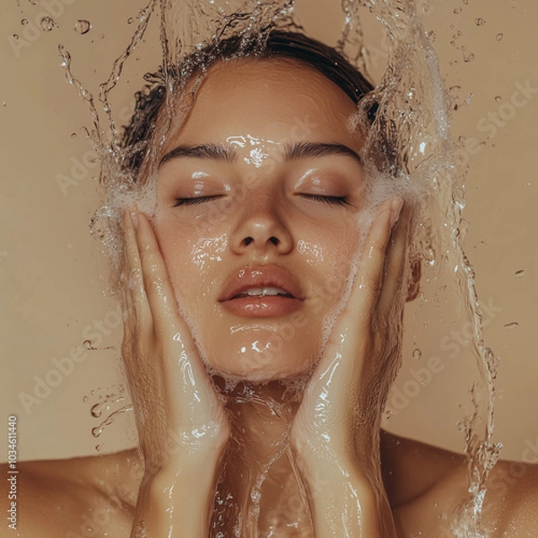 Fototapeta  beautiful mid age woman washes her face with water, she has a serene expression, against a beige background, in an advertisement for a skin rejuvenation.