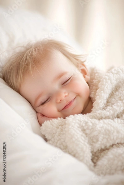 Fototapeta A peaceful baby sleeping comfortably, with a soft smile on their face. Ideal for children's lifestyle and nursery decor projects.