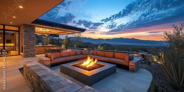Fototapeta A modern patio with a fire pit and a view of the sunset over the mountains.