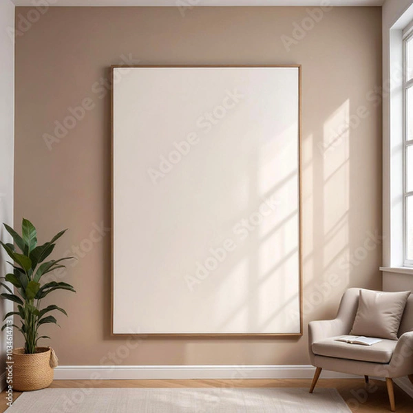Obraz Canvas Frame Mockup Modern Scandinavian Minimalist Interior. With a large blank frame on the wall and a potted green plant, natural light, clean design, wooden floor, and an armchair