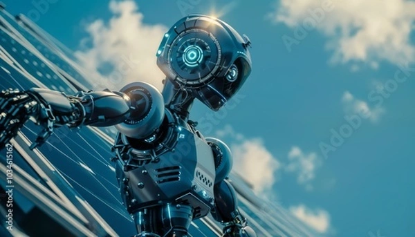 Fototapeta Robotic arm equipped with specialized tools for precision examination of solar panels