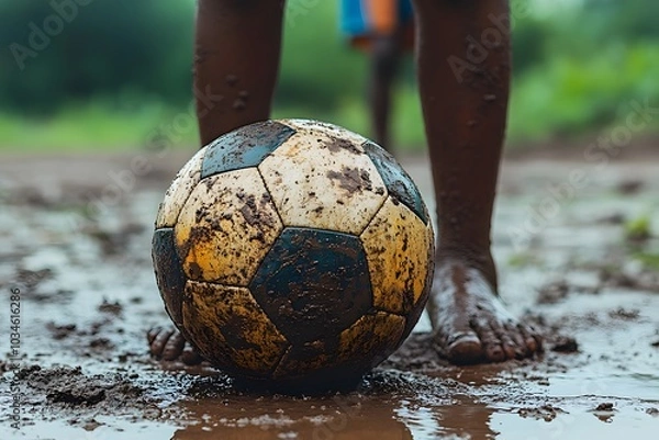 Fototapeta Close up of the soccer ball, located in the center of the soccer field, can see the feet of the waiting players, African Children's dirty sand Playground Background