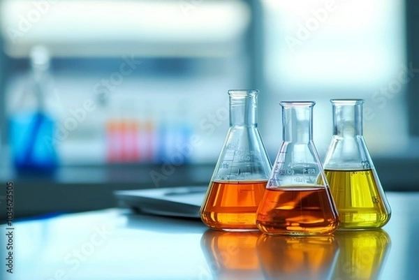 Fototapeta Three Erlenmeyer flasks filled with colored liquids sit on a lab table in front of a blurred background.