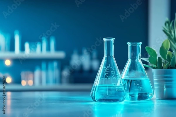 Fototapeta Two beakers filled with blue liquid on a lab bench with a plant in the background.