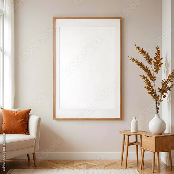 Obraz Scandinavian bright and minimalist living room with a large blank framed canvas, beige walls, and natural light from the window. A cozy white sofa with an orange cushion. Mockup frame.