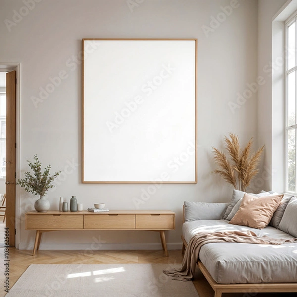 Obraz Canvas Frame Mockup. Minimalist Scandinavian living room interior with wooden furniture large blank frame on the wall cozy sofa with neutral pillows and dried plant arrangement next to a sunlit window