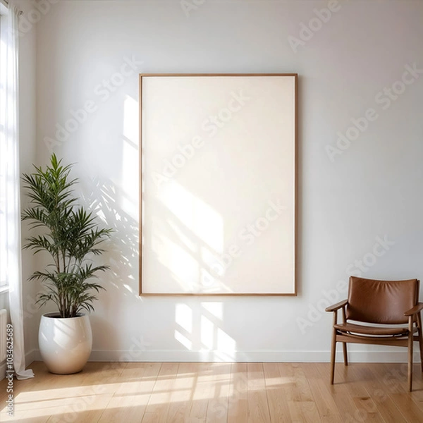 Obraz Canvas Frame Mockup Modern Scandinavian Minimalist Interior. With large blank frame on the wall and potted green plant, natural light, clean design, wooden floor and stylish chair