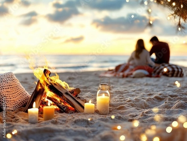 Obraz Romantic Beach Campfire Setup with Cozy Blankets