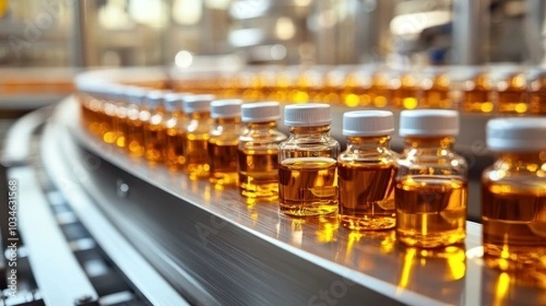 Fototapeta Clear and amber precision vials neatly aligned on a conveyor belt in a clean pharmaceutical manufacturing facility.