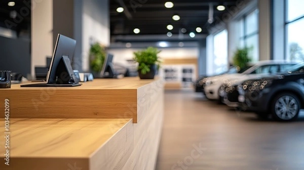 Obraz Modern car dealership showroom with a wooden reception desk and cars in the background.