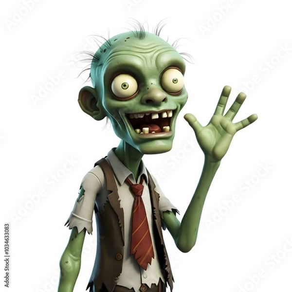 Fototapeta Cartoon zombie character with friendly wave gesture and bright eyes