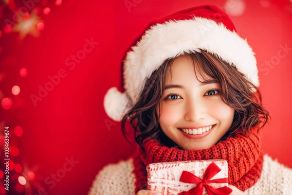 Obraz 赤いマフラーと白いセーターを着てサンタの帽子をかぶった若い日本人女性とクリスマスプレゼント・ギフト(美人モデル)