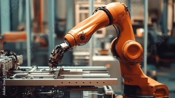 Fototapeta A close-up view of an industrial robotic arm showcasing intricate mechanical features in a modern manufacturing facility